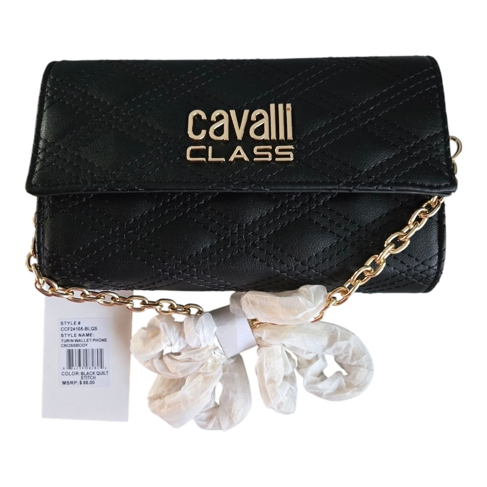 NWT Cavalli Class Black Quilted Crossbody Bag with Gold Chain